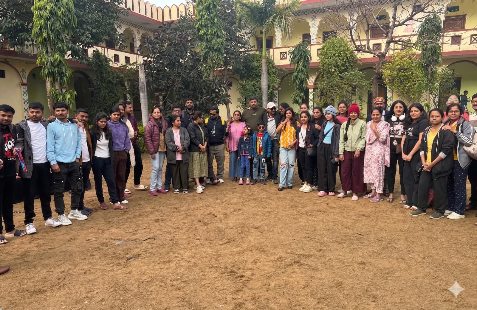 Travel group exploring ancient temple